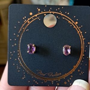 Vintage Solid 14k Yellow Gold Amethyst Stud Earrings Set Hallmarked
